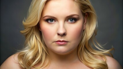 Naklejka premium A neutral expression adorns the round face of a blonde woman, her hair pulled back to reveal a