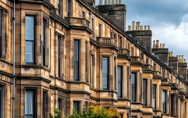 Obraz premium A row of classic brownstone buildings with large windows. The facade features ornate detailing and a classic architectural design.