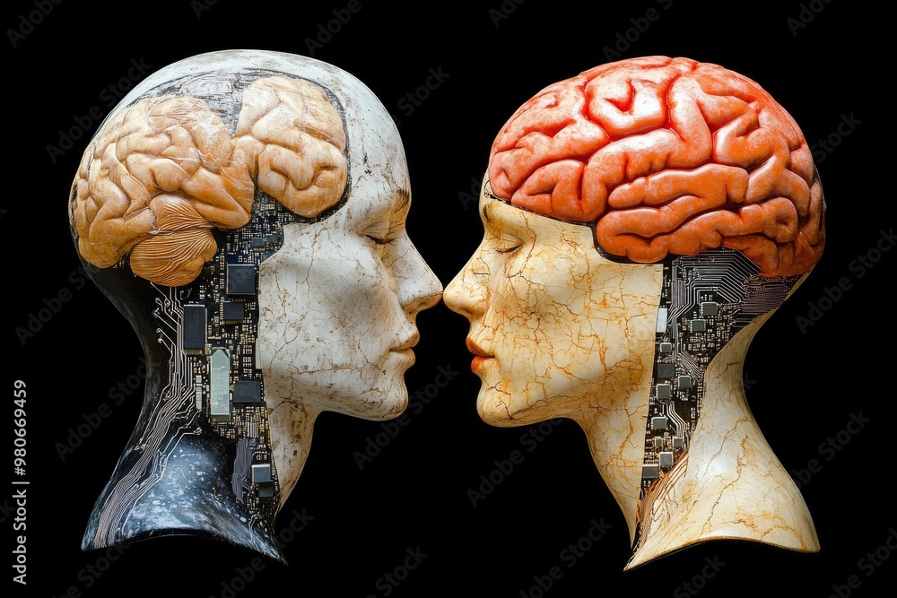 Poster abstract depiction of two human heads with exposed brains symbolizing the fusion of human cognition 