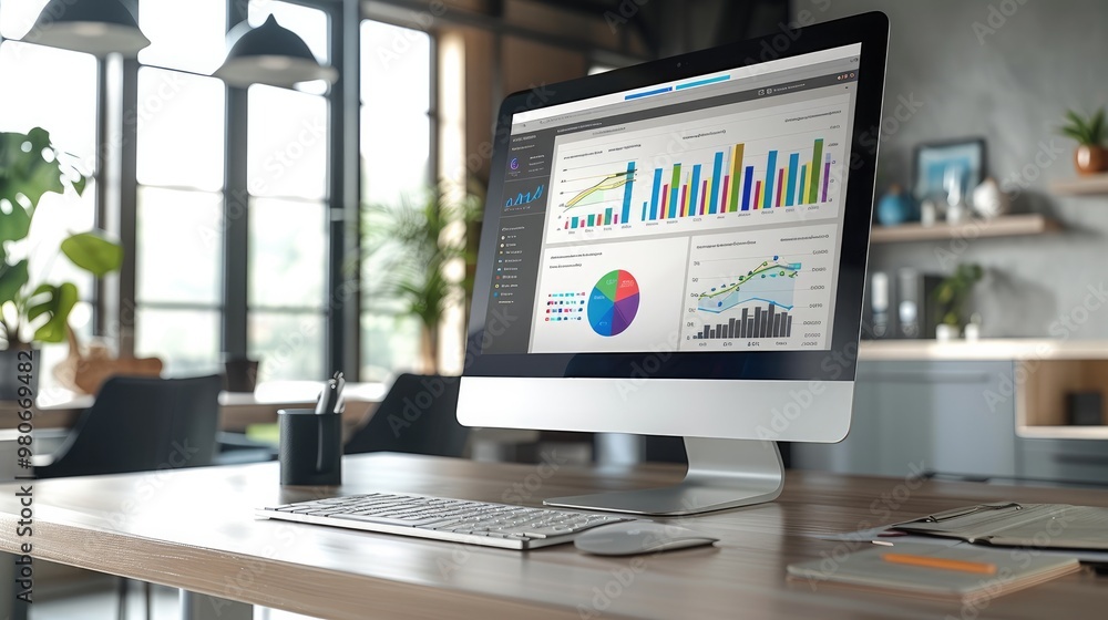 Poster A sleek computer on a desk displaying colorful charts and graphs, set in a clean, modern office space. Generative AI.