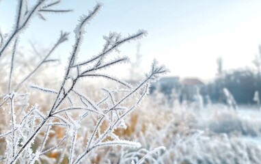 Obraz premium Delicate branches coated in frost create a winter wonderland scene.