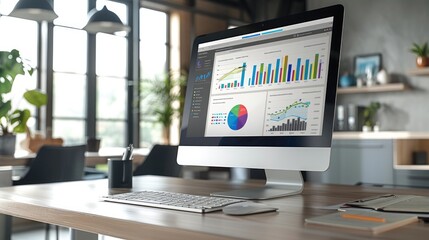 A sleek computer on a desk displaying colorful charts and graphs, set in a clean, modern office space. Generative AI.