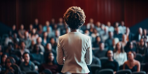 Business Leader Speaking to a Large Audience in Conference Hall