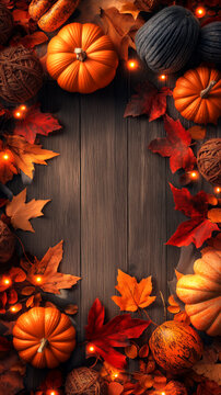 Autumn-themed vertical sale banner with copyspace in the center for texr, perfect for seasonal advertisements or fall promotions. Wooden textured background adds warm, rustic feel to composition.