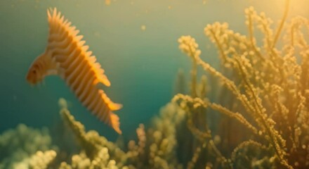 Seahorse floating among sea plants, illuminated by the soft glow of sunlight. - Powered by Adobe