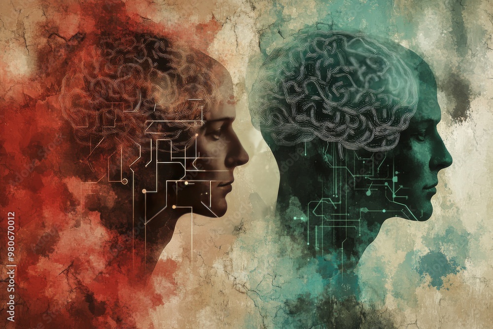 Poster double exposure of two human heads with digital brain overlays symbolizing the fusion of human cogni