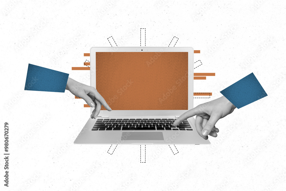 Fototapete creative collage picture laptop computer digital device screen display typing keyboard browsing user