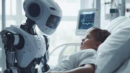 Robot doctor visiting and taking care child patient lying in bed at hospital room. Artificial intelligence technology medicine healthcare concept