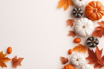 Fototapeta premium A beautiful arrangement of pumpkins and autumn leaves ideal for seasonal decorations and culinary inspirations.