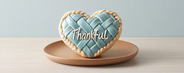 Delicate heart-shaped cookie decorated with a blue woven pattern and the word 'Thankful' on a wooden plate.