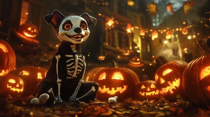 Dog in Halloween Skeleton Costume Sitting Next to Glowing Jack-o'-Lanterns in Spooky Scene
