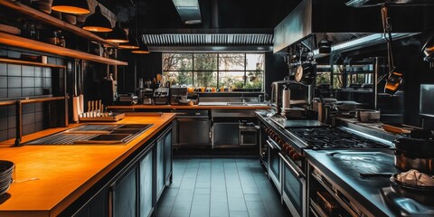 Restaurant kitchen interior. Commercial hotel industry furniture for food preparation and serving