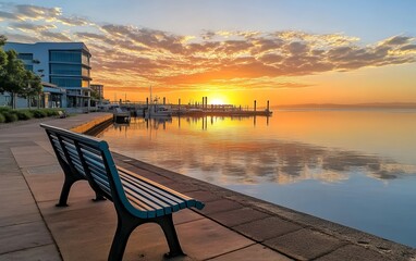 A lone bench sits on a waterfront promenade overlooking a calm harbor at sunrise, with a vibrant orange sky reflecting off the water.