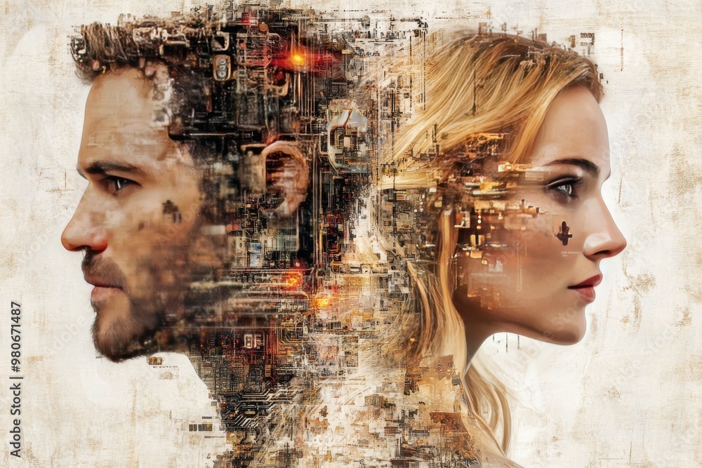 Aufkleber portrait of a man and woman with exposed circuitry and neural components symbolizing the integration