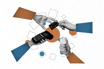 Creative collage picture hands body fragments sleeve terminal payment nfc contactless method cashless credit card banking money