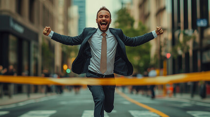 A businessman in a suit celebrating joyfully as he crosses the finish line in a running race