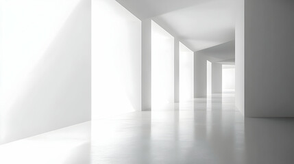 Fototapeta premium A 3D Rendering of a White Hallway with Walls and a Floor, Minimalist Architectural Design in a Modern Style, Interior Design and Architecture Illustration