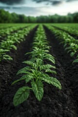 Vibrant Green Field of Flourishing Plants Under a Clear Blue Sky, Showcasing Natures Beauty and Abundance in a Lush Agricultural Landscape