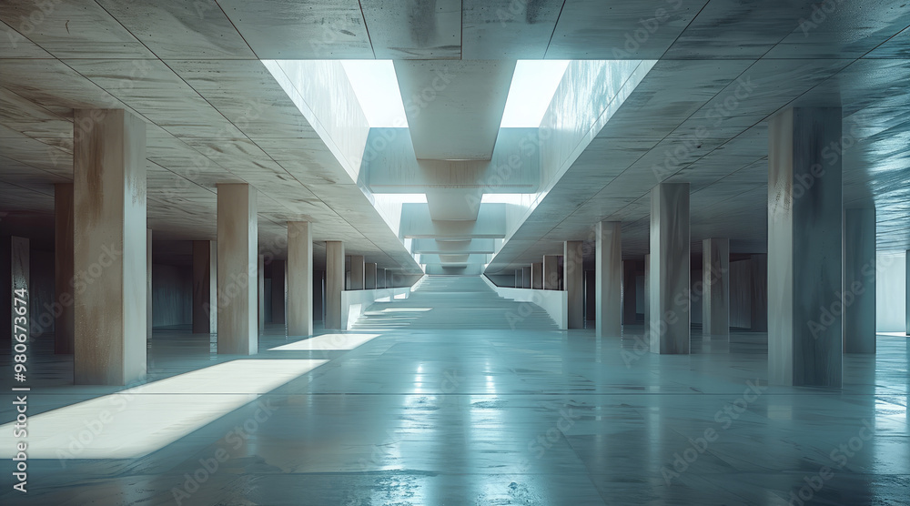 Aufkleber A modern underground space that was once used for storing sand, with a concrete ceiling supported by square columns. The floor is made of durable concrete. Generative AI.