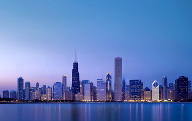 Obraz premium A panoramic view of the Chicago skyline at dusk, showcasing the city's iconic skyscrapers reflected in the calm waters.