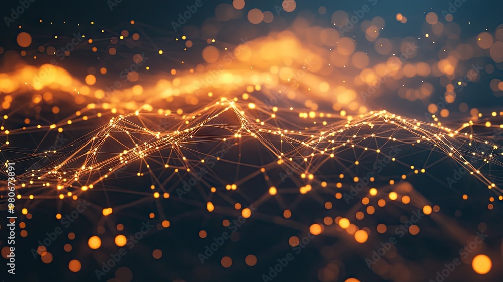 Poster an abstract 3d illustration of interconnected lines and dots, forming a modern digital network with 