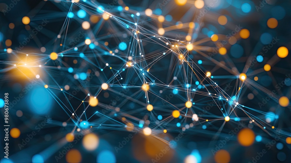 Poster an abstract 3d illustration of interconnected lines and dots, forming a modern digital network with 