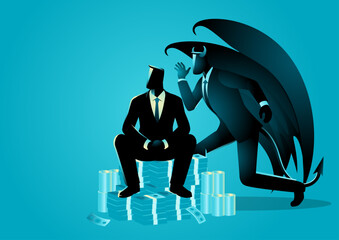 Businessman sitting on a stack of money, Satan tempts you when you are successful and hold a lot of money