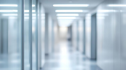 Abstract Blurred Background of a Modern Office Hallway with Glass Partitions and Bright Lights