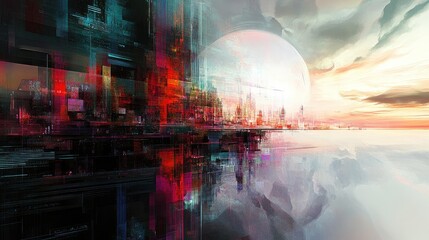 Fototapeta premium An artistic multiverse landscape from the Muve Collection, with colorful layers of space-time dimensions and futuristic elements.