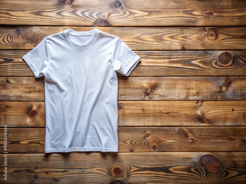 Aufkleber rustic wooden table surface with foldable white t-shirt placed on it, surrounded by empty space, per