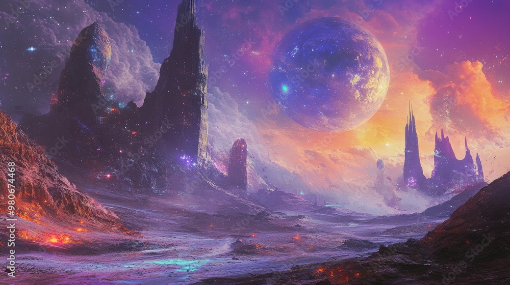 Poster an artistic multiverse landscape from the muve collection, with colorful layers of space-time dimens