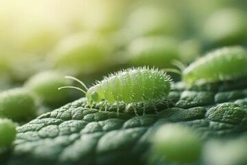 Naklejka premium Close-Up of a Vibrant Green Caterpillar on Leaf, Showcasing Intricate Details and Natural Beauty in a Lush Green Environment