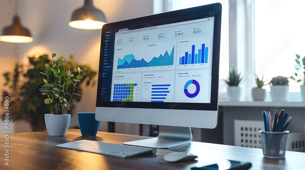 Leinwandbilder A sleek computer on a desk displaying colorful charts and graphs, set in a clean, modern office space. Generative AI.