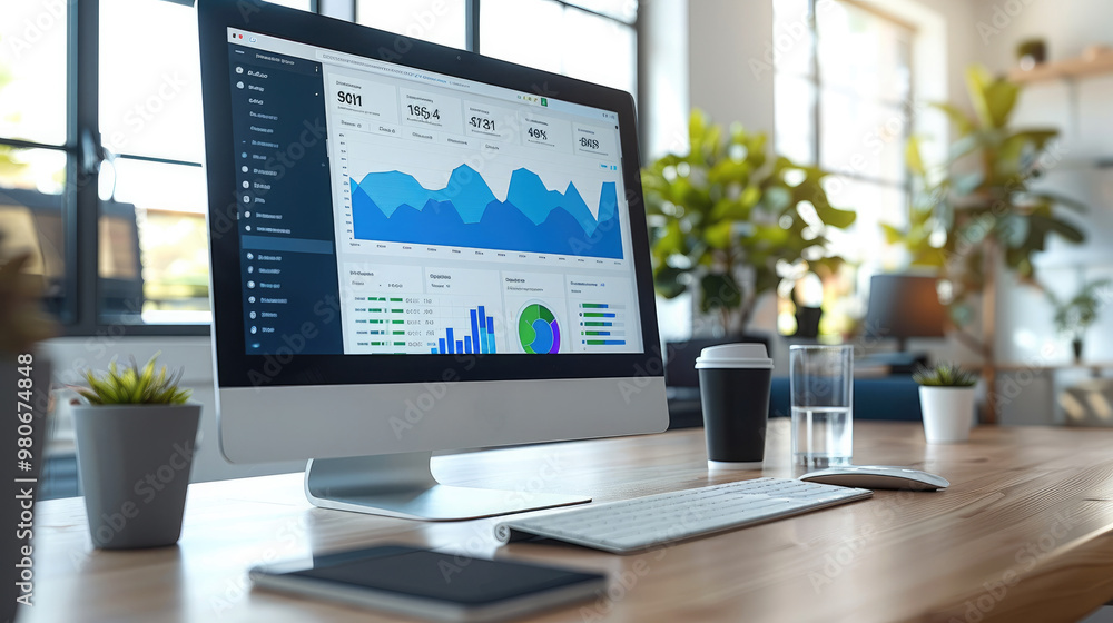 Leinwandbilder A sleek computer on a desk displaying colorful charts and graphs, set in a clean, modern office space. Generative AI.