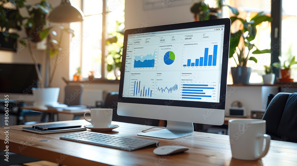 Leinwandbilder A sleek computer on a desk displaying colorful charts and graphs, set in a clean, modern office space. Generative AI.