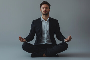 A businessman in a suit practicing yoga, isolated on a simple background