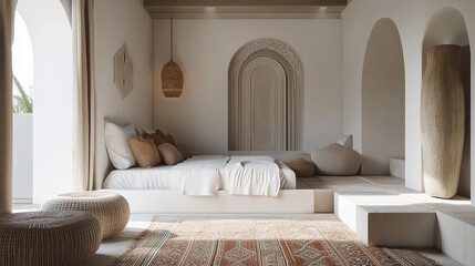 A modern take on Moroccan design, featuring clean lines, minimalist furniture, and traditional Moroccan patterns and textiles.
