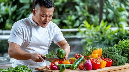 Chef carving vegetables into intricate sculptures, artistic culinary skills, vibrant colors, creative food presentation