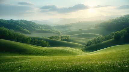 Fototapeta premium Rolling green hills, vast green meadows, Lush green land bathed in sunlight,Trees on hills, trees glowing under sunlight. Generative AI.