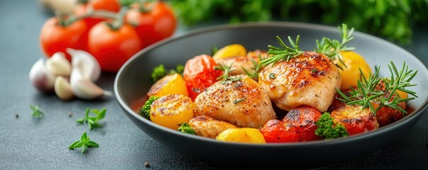 Steamy, juicy roasted chicken with fresh vegetables, dripping with rich juices, garnished with rosemary and garlic, juicy food, comfort, home-cooked meal