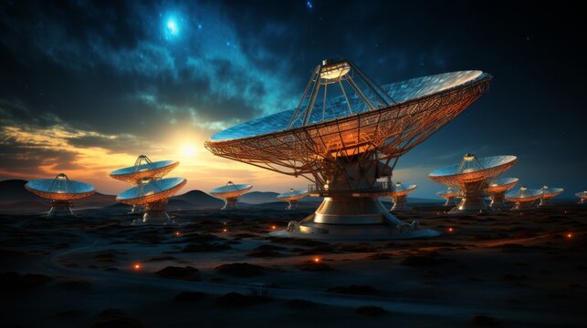 Satellite dish array observing the cosmos beneath a dazzling starry sky at dusk
