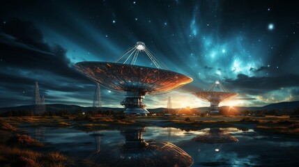 Satellite dishes reflect starlight in a vast cosmic landscape at twilight