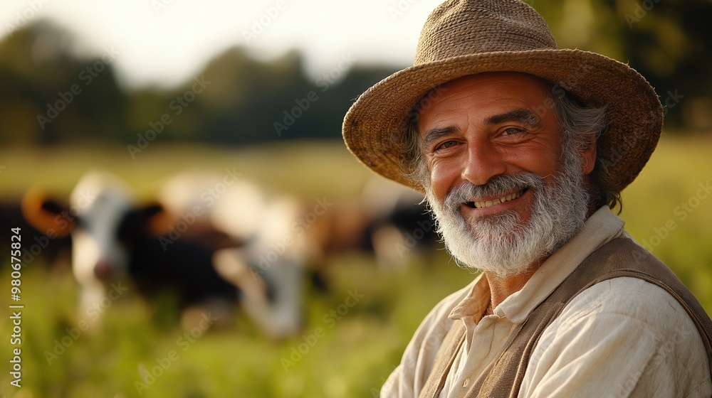 Poster A man with a straw hat and a white vest is smiling in a field with cows. The cows are in the background, and the man is sitting on the grass