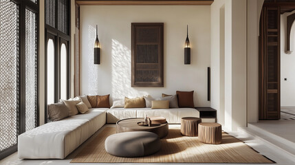 A modern take on Moroccan design, featuring clean lines, minimalist furniture, and traditional Moroccan patterns and textiles.