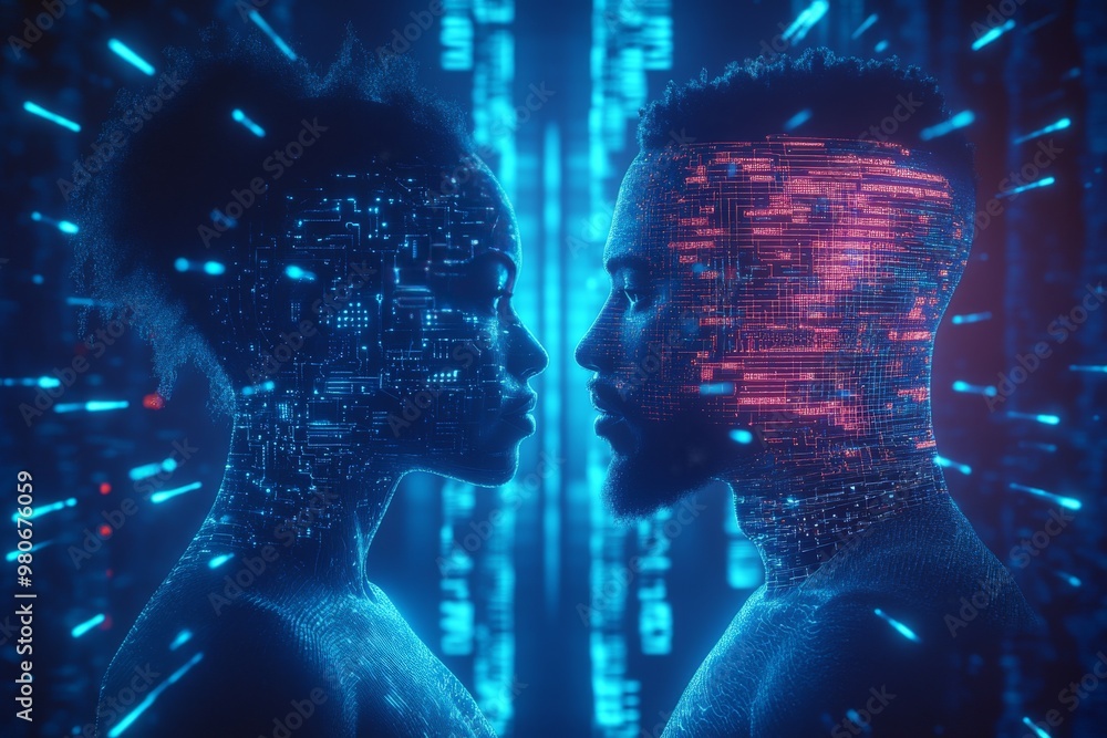 Aufkleber futuristic digital profiles of a man and woman facing each other with glowing circuits symbolizing t