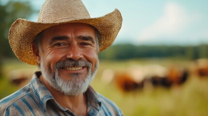 Fototapeta premium A man wearing a straw hat and smiling in front of a herd of cows. Concept of happiness and contentment, as the man is enjoying his time in the countryside