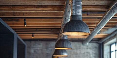 Industrial-style lighting fixtures hang from ceiling.