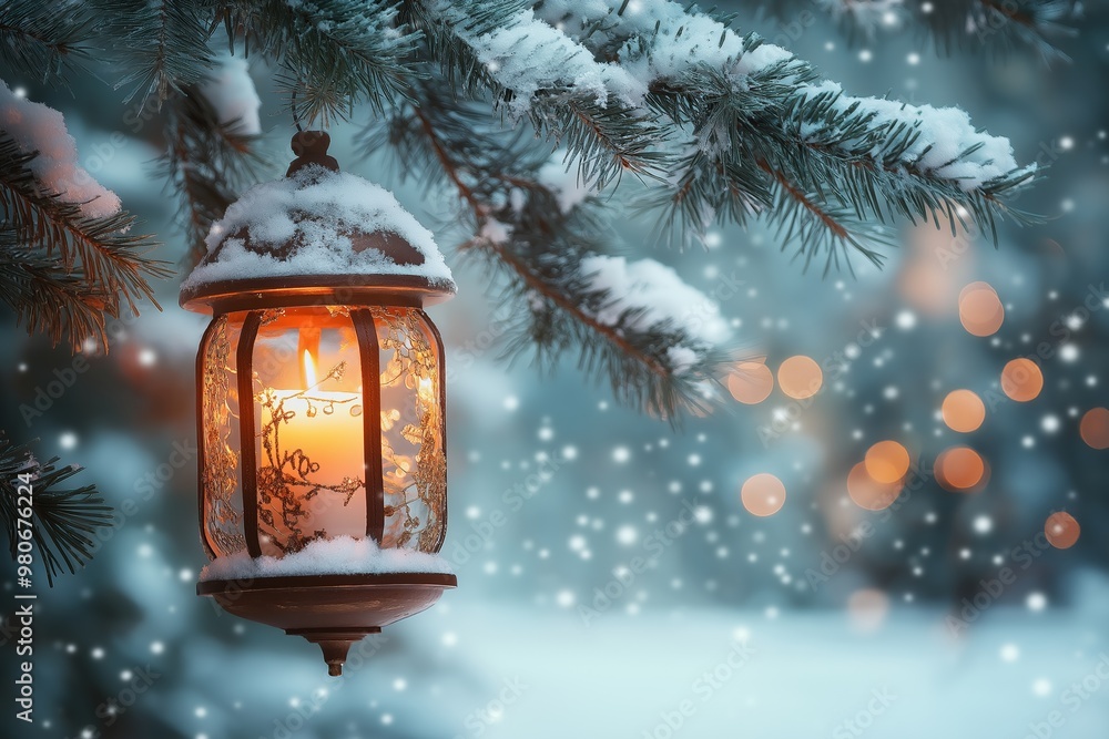 Aufkleber a candle is lit in a lantern hanging from a tree branch. the lantern is surrounded by snow, creating