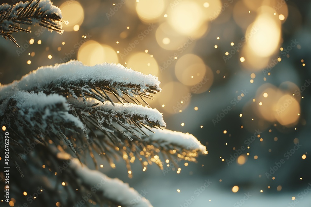 Poster a snow covered tree branch with a few snowflakes on it. the snow is falling and the light is shining