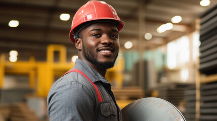 A male worker smiling, wearing a high visibility safety vest and hard hat with a blurred factory warehouse in the background.